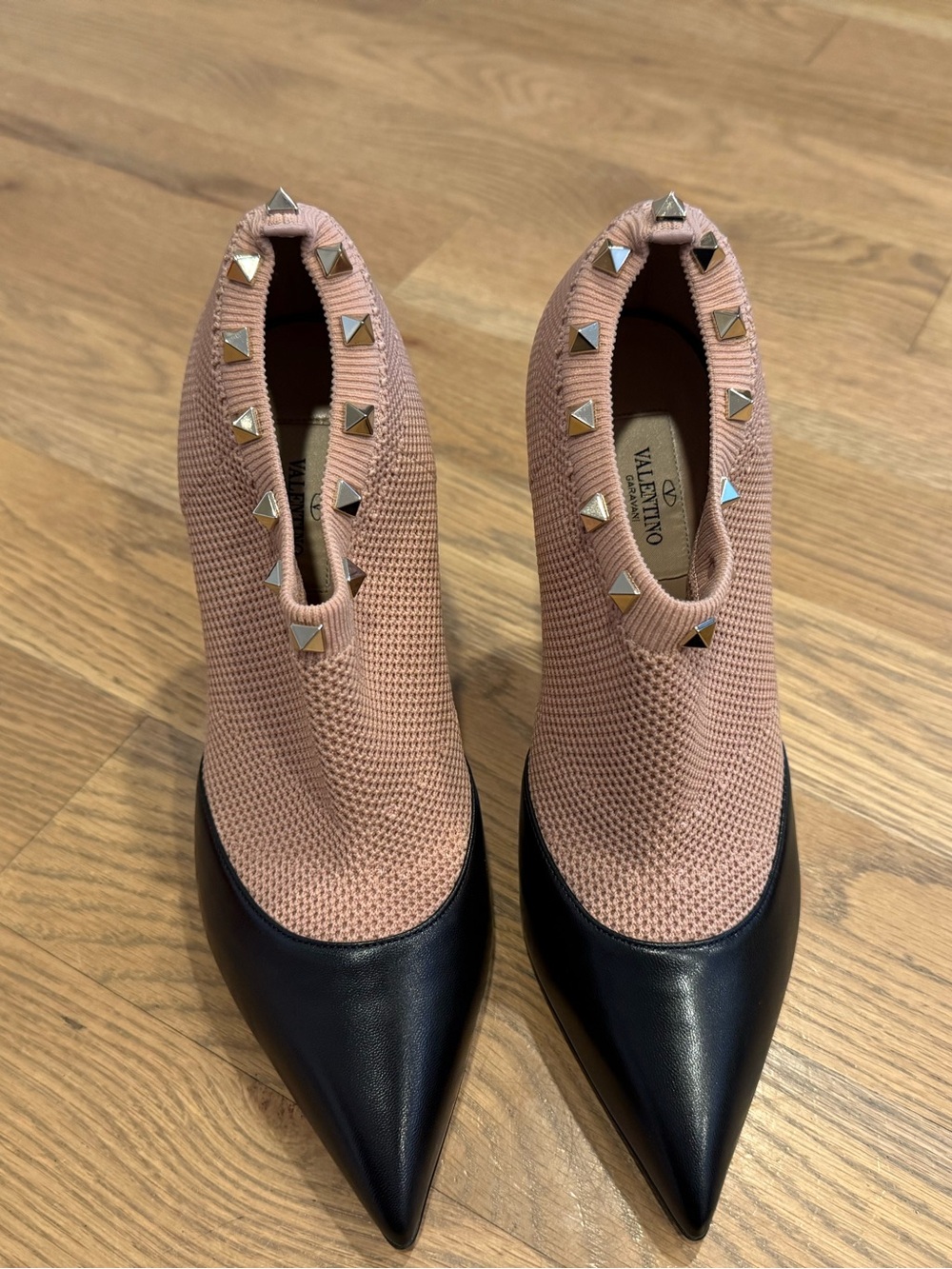 Valentino Pink Knit Pointed Ankle Boots with Black Toe and Gold Studs